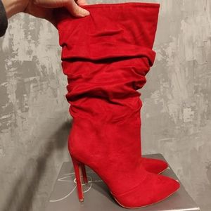 Slouchy High Heeled Red Boots